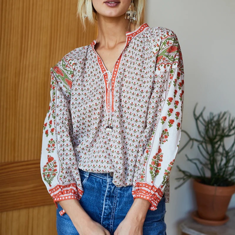Emerson Fry Relaxed Orange and Green Blouse with 3/4 Sleeves